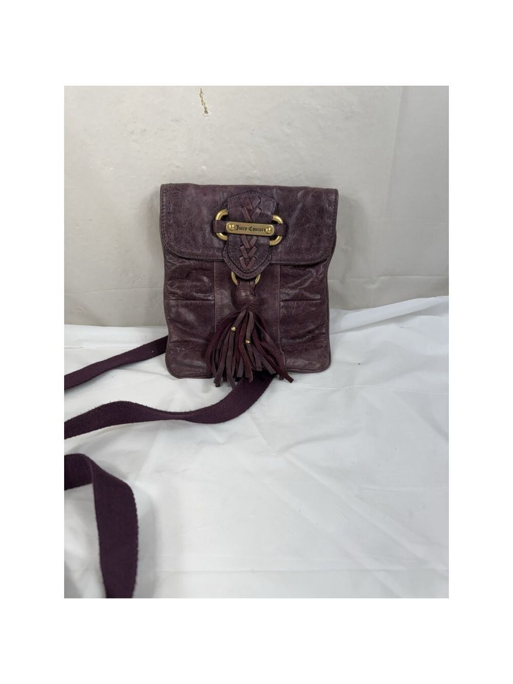 JUICY COUTURE WHIPSTITCH LEATHER TASSEL CROSSBODY BAG PURSE Plum Y2K - Picture 2 of 16